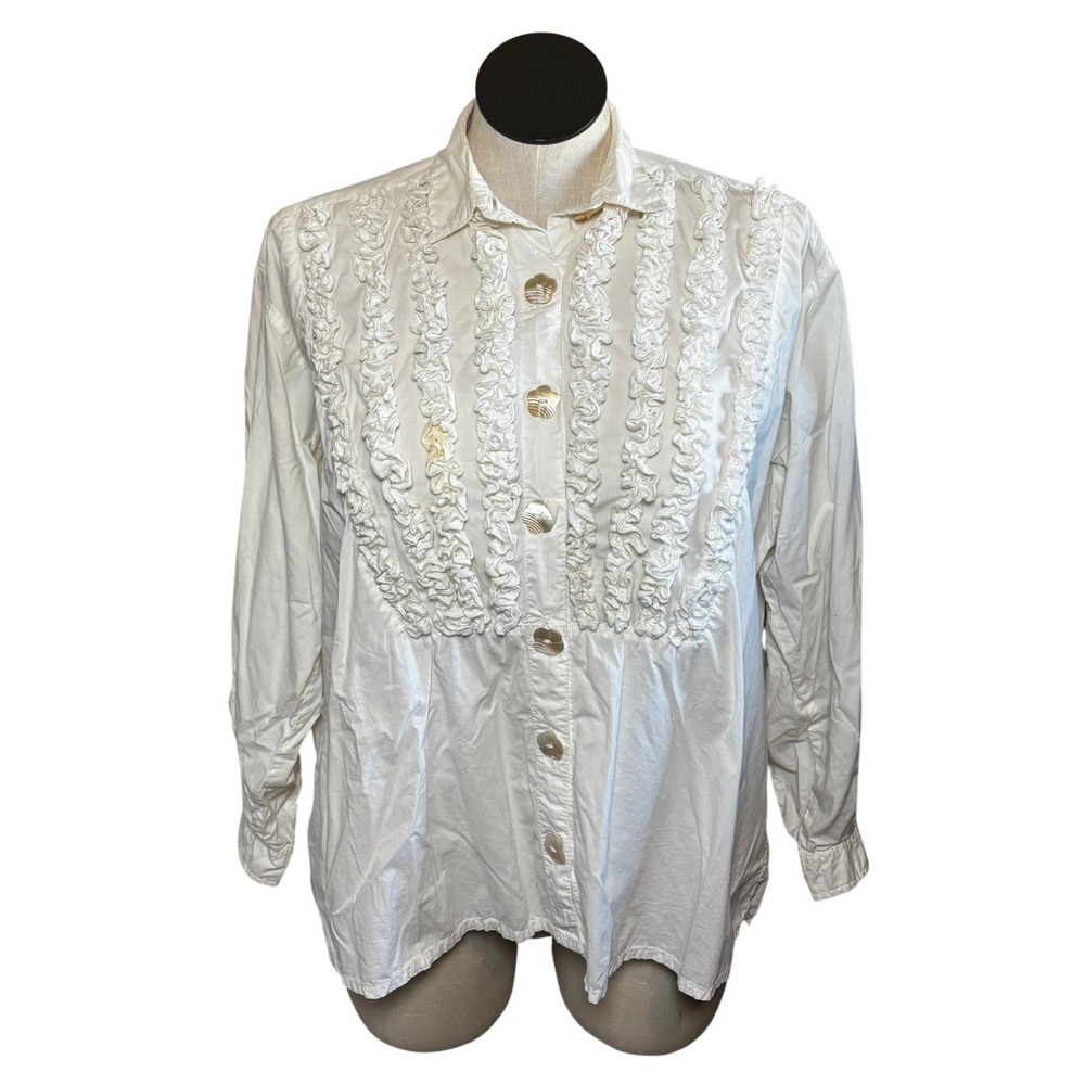 Cambridge Dry Goods White Ruffled Button Down Shirt Cotton Long Sleeve Size XL